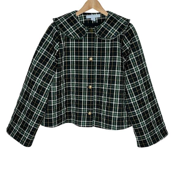Hill House Quilted Jacket Womens Large Black Green Plaid Pockets Collared READ - Picture 2 of 11